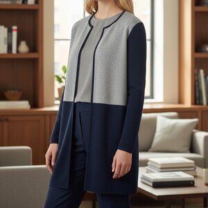 Talbots Merino Wool Blend Gray Blue Open Long Womens Cardigan Sweater Size Large